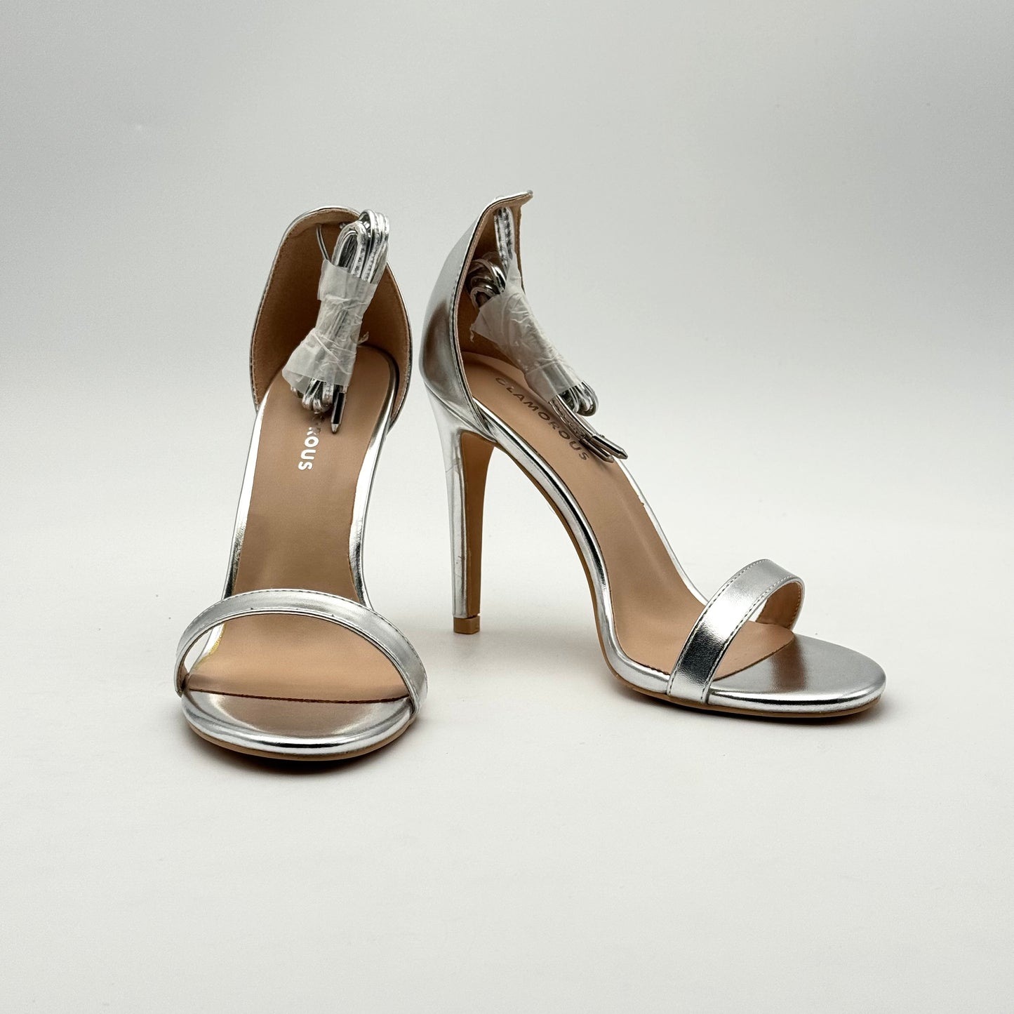 Glamorous Silver Ankle Tie Heels