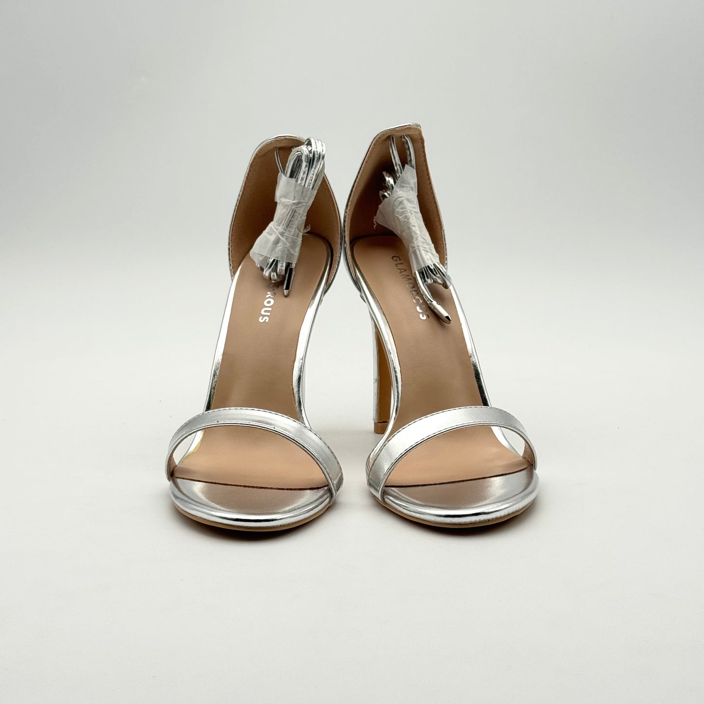 Glamorous Silver Ankle Tie Heels