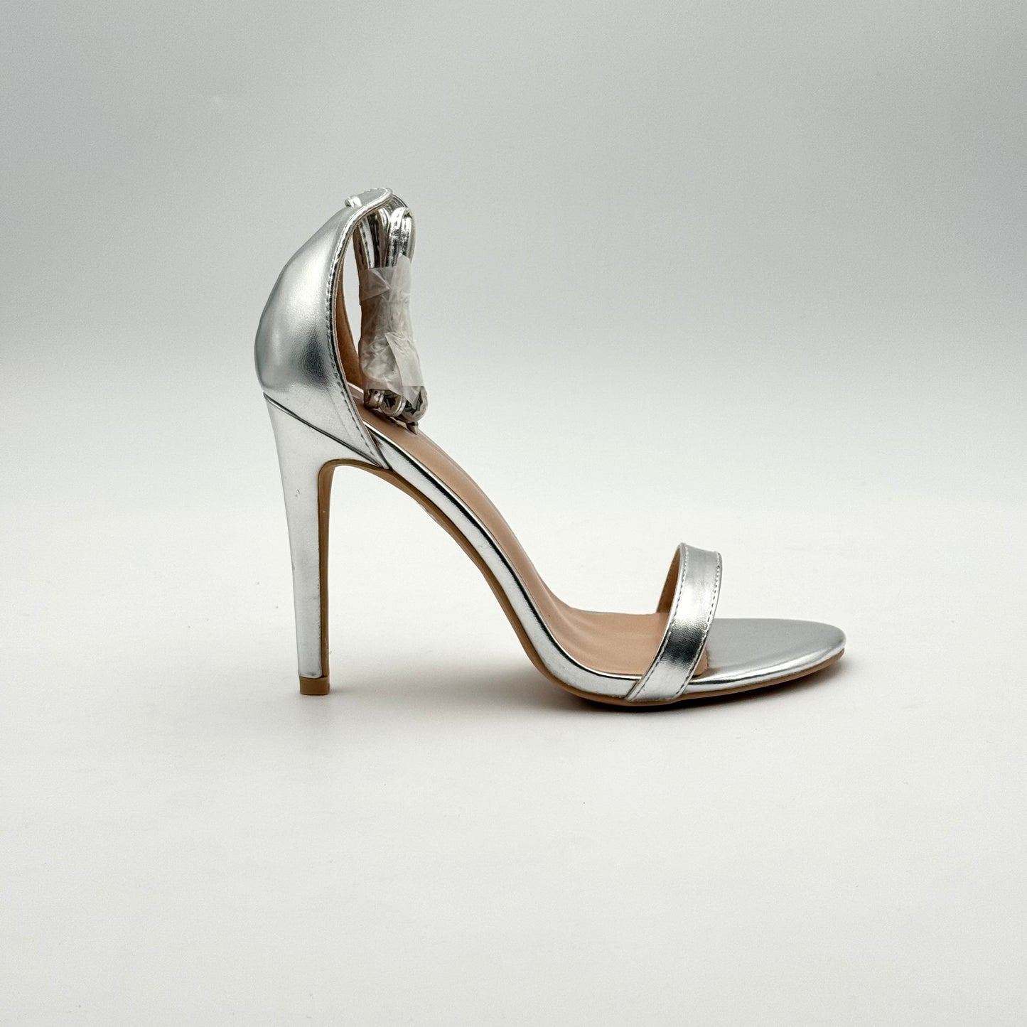 Glamorous Silver Ankle Tie Heels