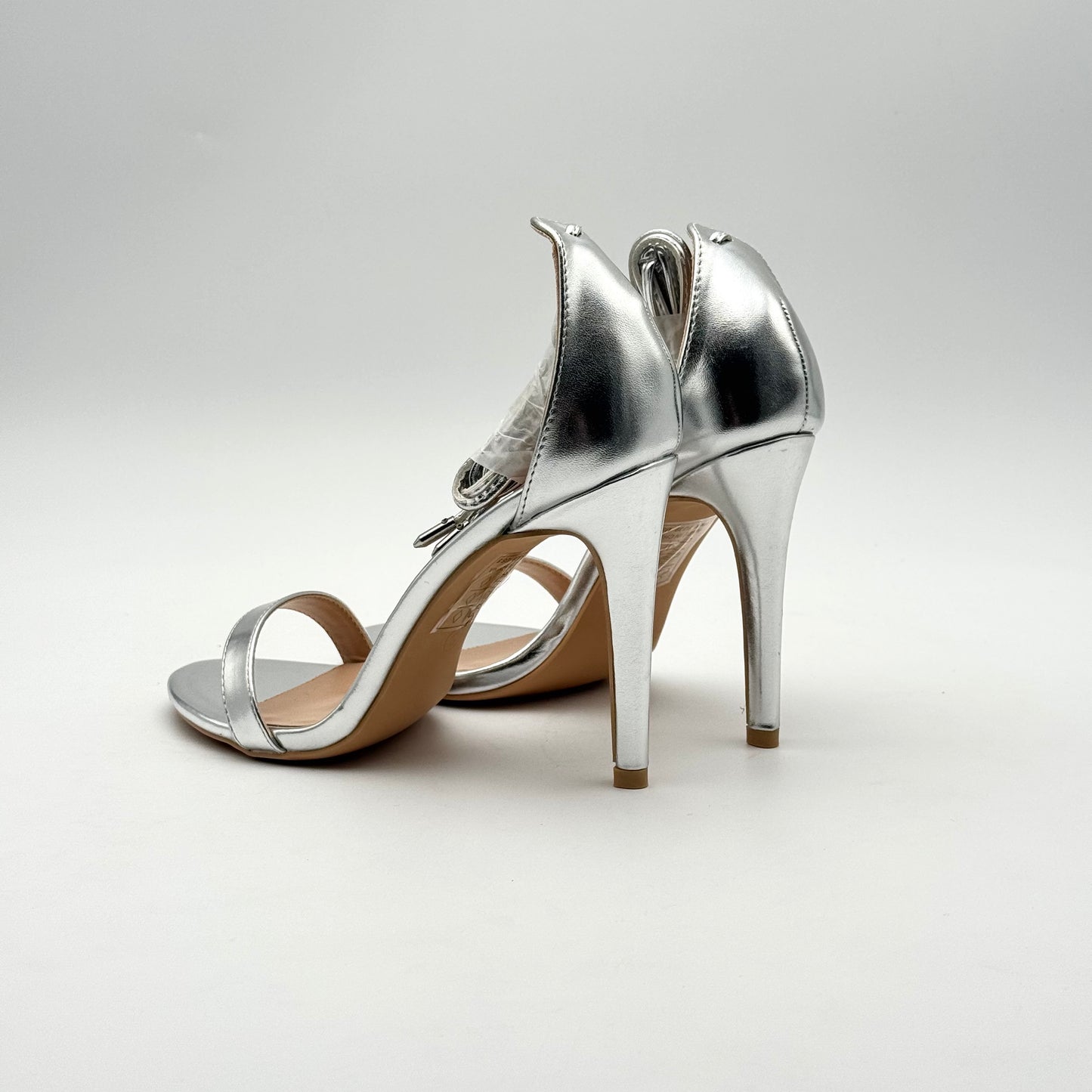 Glamorous Silver Ankle Tie Heels